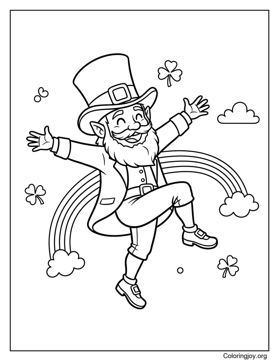 Plantilla irlandesa Joyous Leprechaun con arcoíris y tréboles