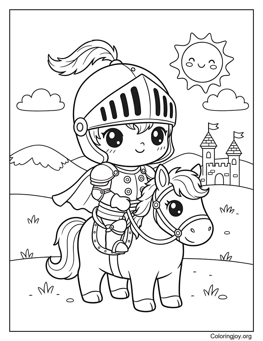 Página para colorear del caballero valiente montando a caballo