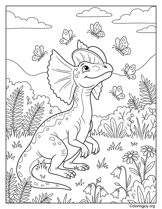 Friendly Dilophosaurus Playing with Butterflies
