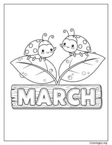 Ladybugs on Spring Leaves March Coloring page