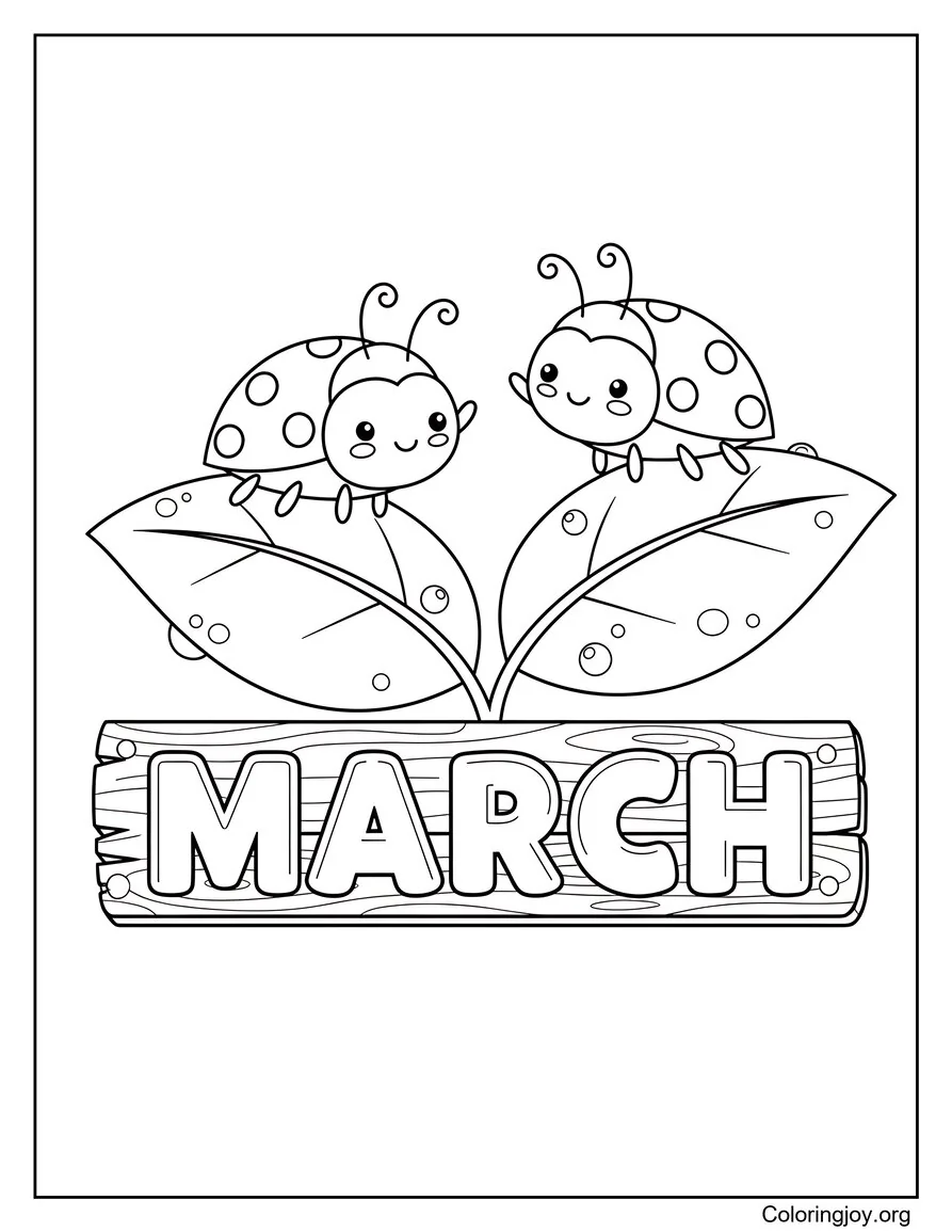 Ladybugs on Spring Leaves March Coloring page