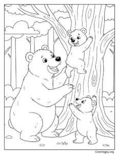 Mama Bear Teaching Her Cubs to Climb a Tree
