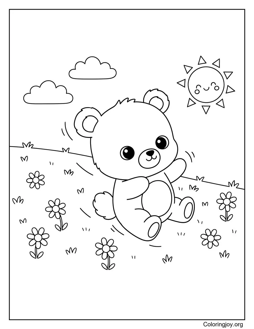 Playful Bear Cub Rolling Down a Hill