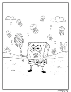 SpongeBob Catching Jellyfish in Open Field