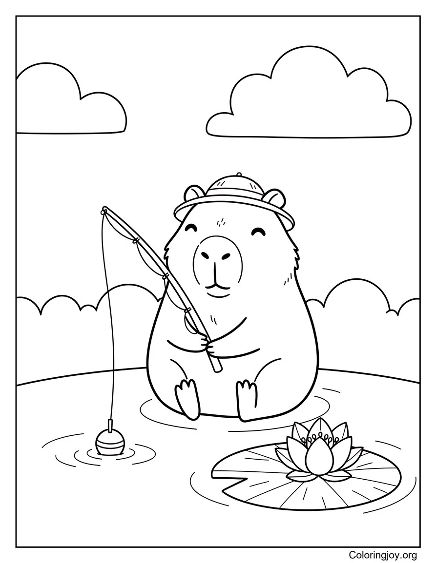 Capybara fishing Coloring Sheet