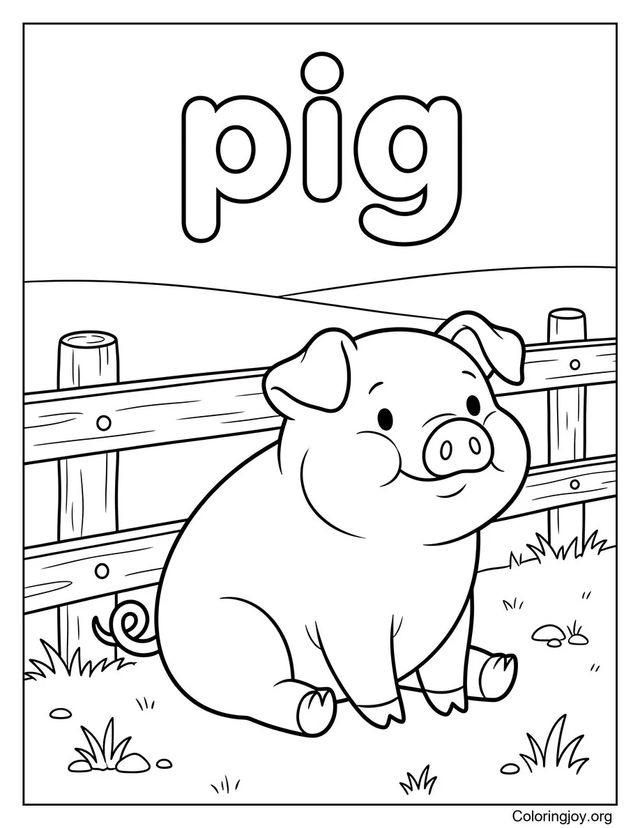 Adorable Plump Pig Sitting Near Wooden Fence