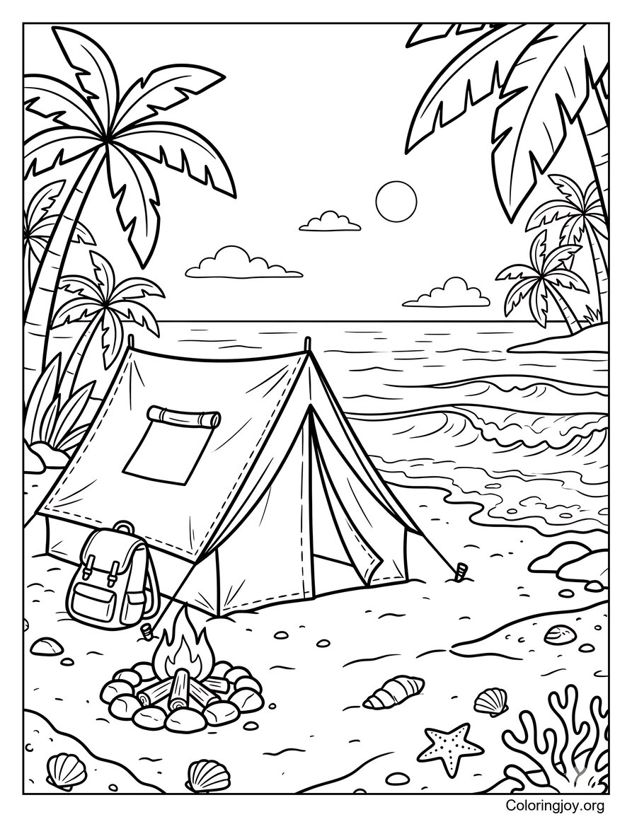 Beach Camp Tent Near The Ocean Coloring Page