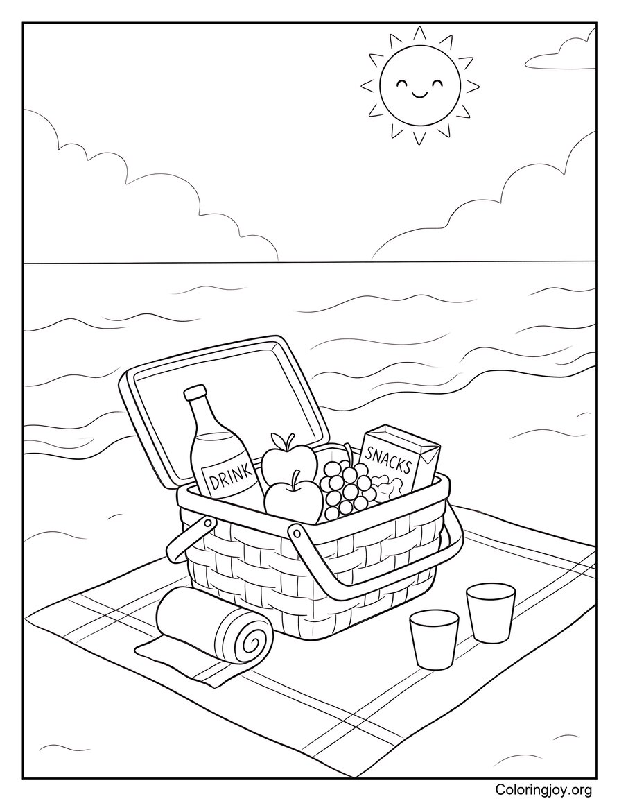 Beach Picnic Basket With Fruits And Drinks Coloring Page