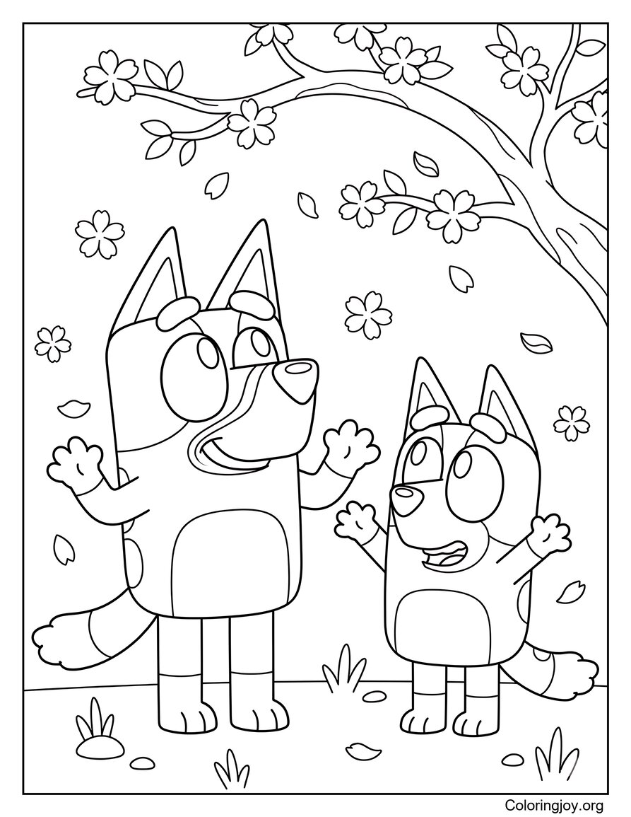 Bluey And Bingo Catching Falling Cherry Blossoms