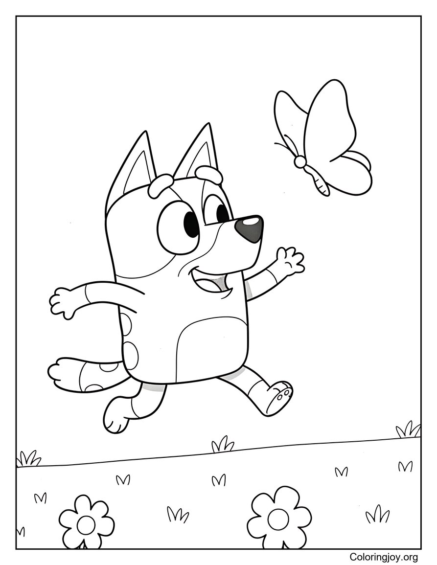 Bluey Chasing A Butterfly In The Spring Meadow