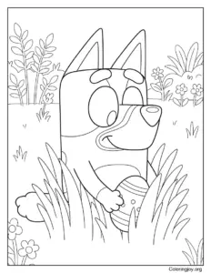Bluey Hiding Eggs in Garden Coloring Page