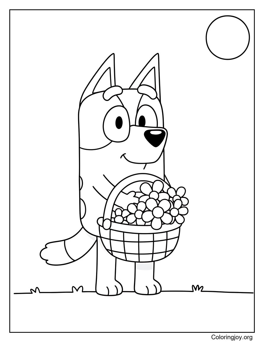 Bluey Holding A Basket Of Colorful Spring Flowers