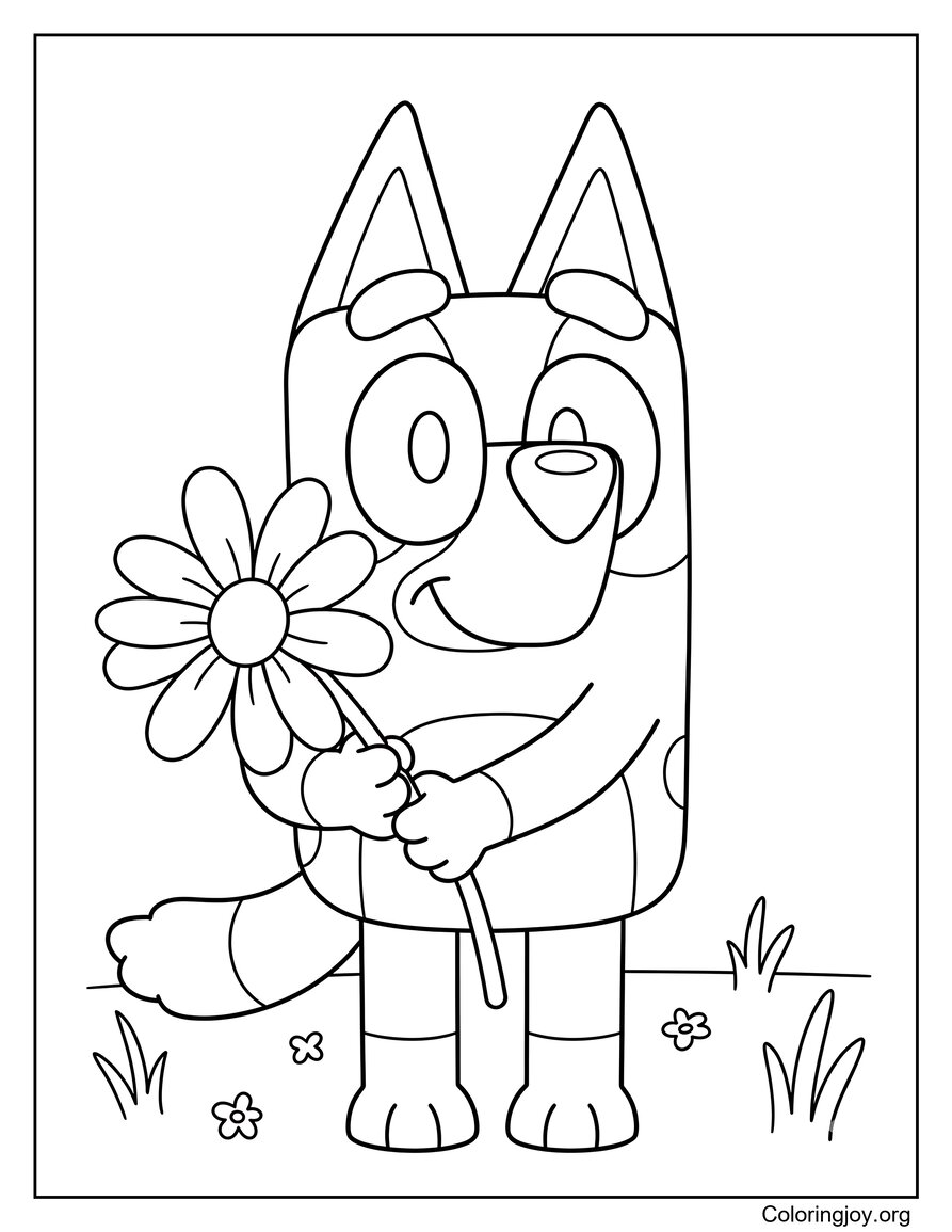 Bluey Holding A Big Daisy Flower Coloring Page