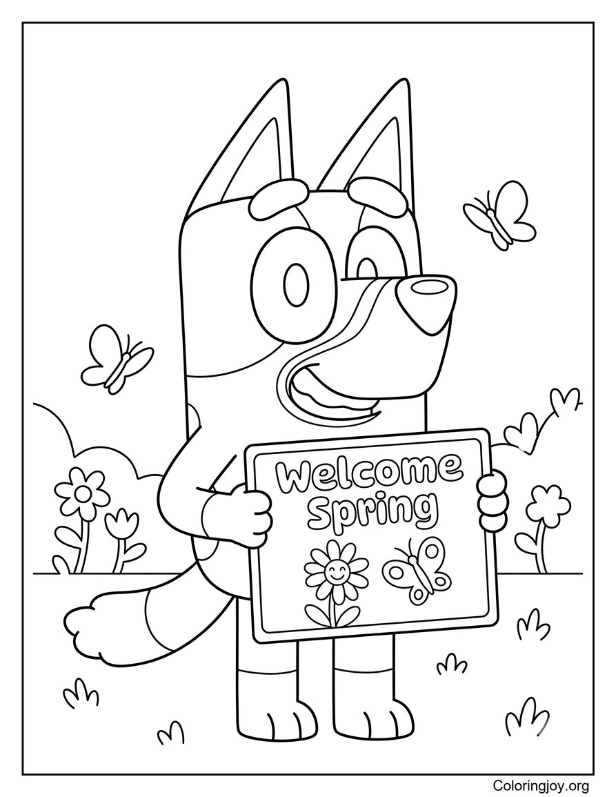 Bluey Holding A Welcome Spring Sign