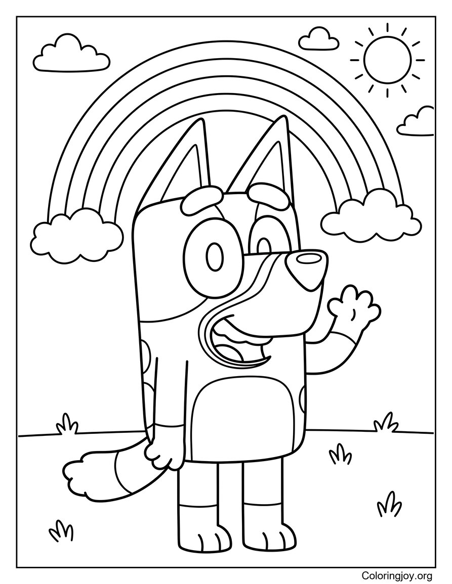 Bluey Onder een kleurrijke regenbooghemel