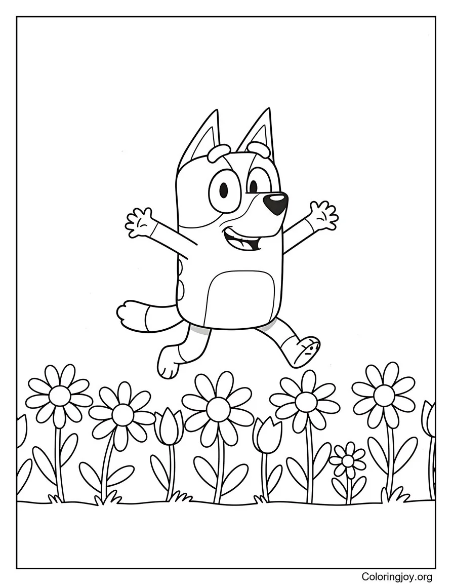 Bluey Playing In A Field Of Spring Flowers