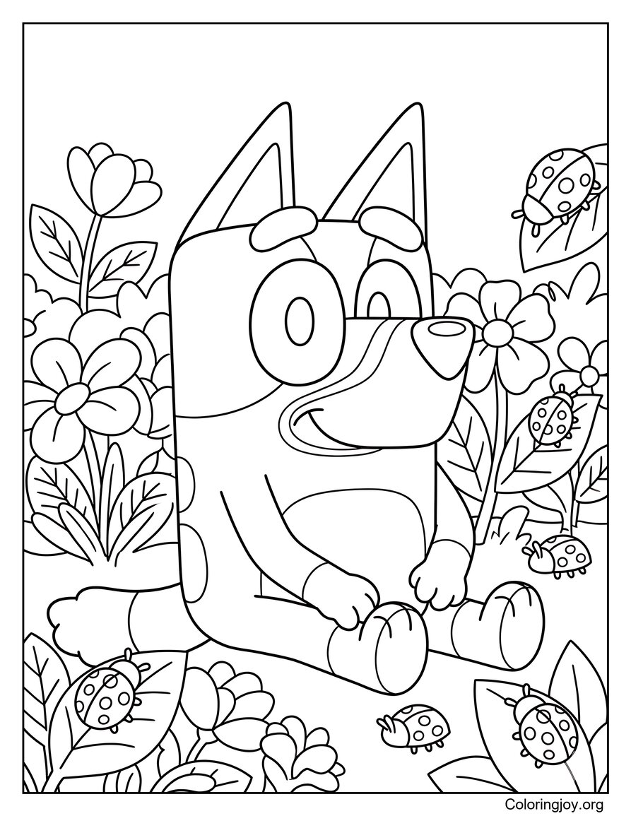 Bluey Sitting In A Flower Garden With Ladybugs Coloring Page