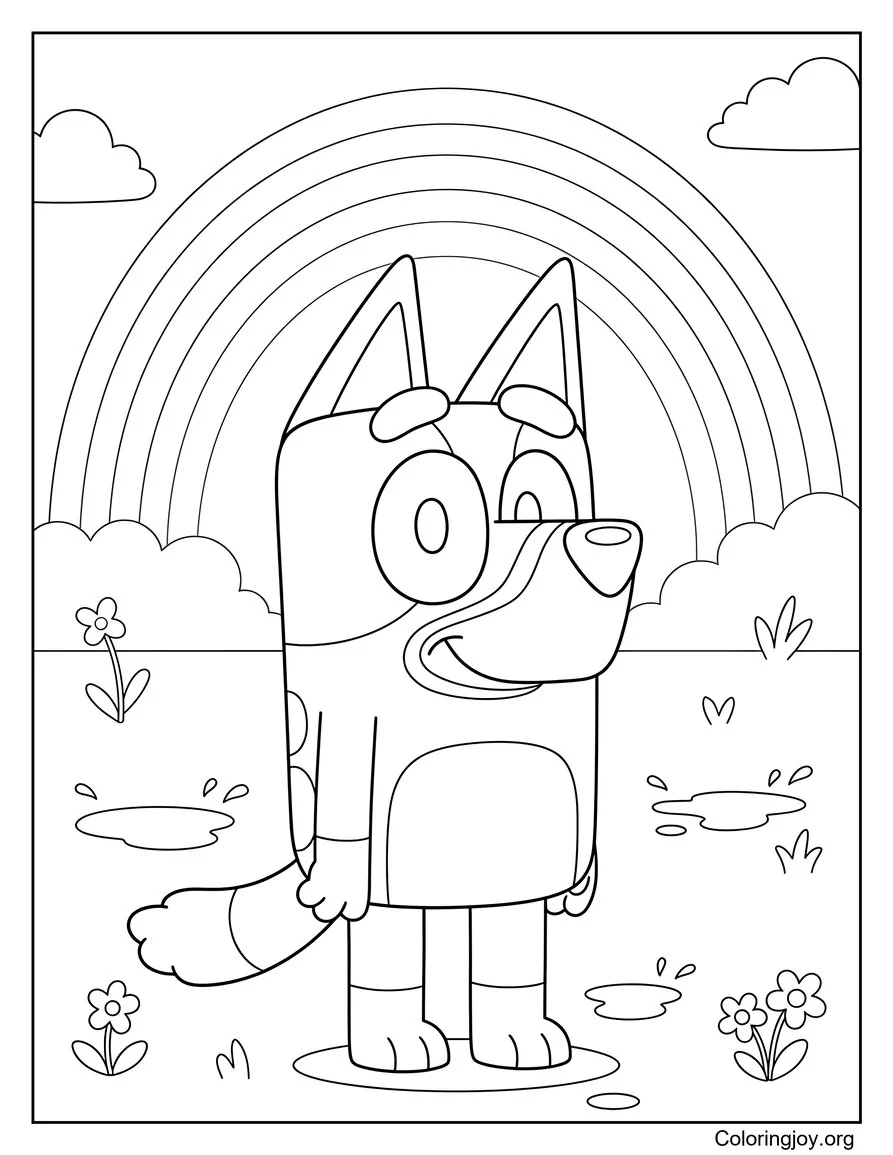 Bluey Standing Next To A Rainbow After Spring Rain