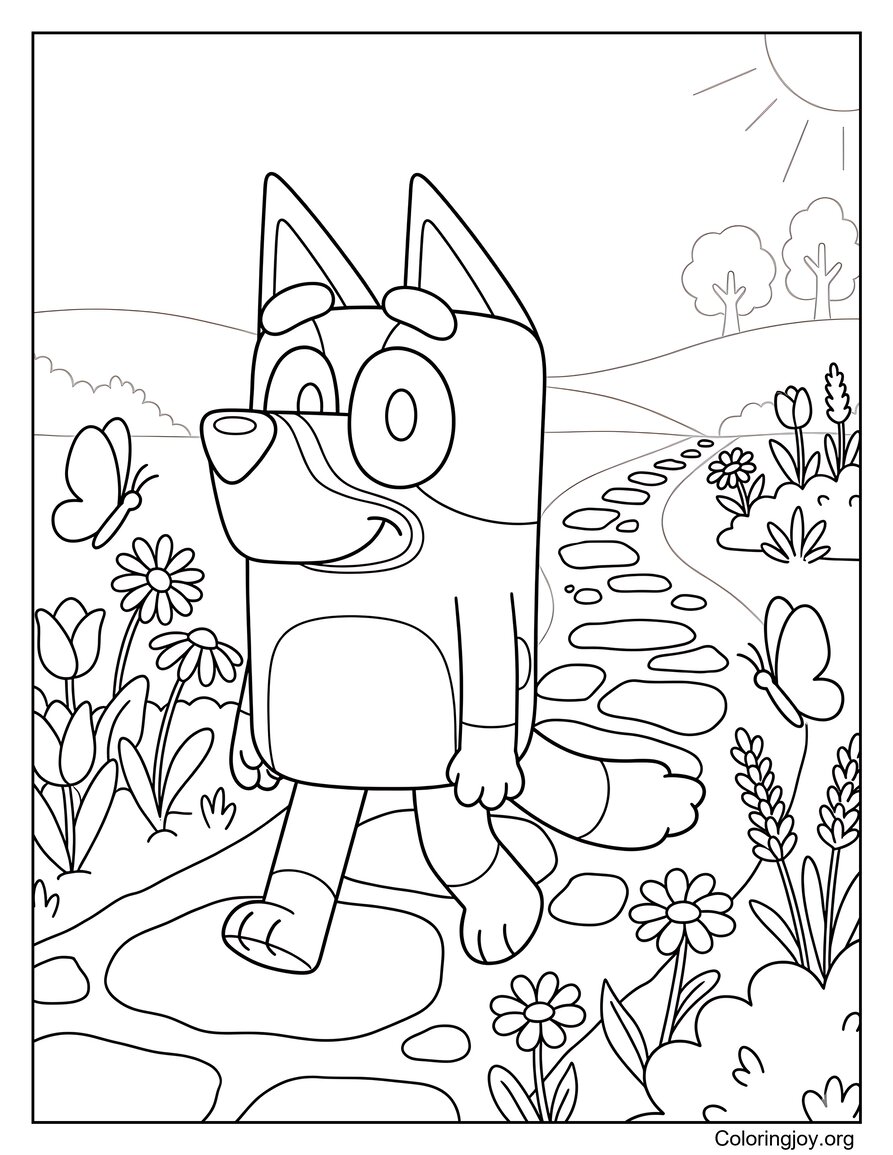 Bluey Walking On A Garden Path With Flowers