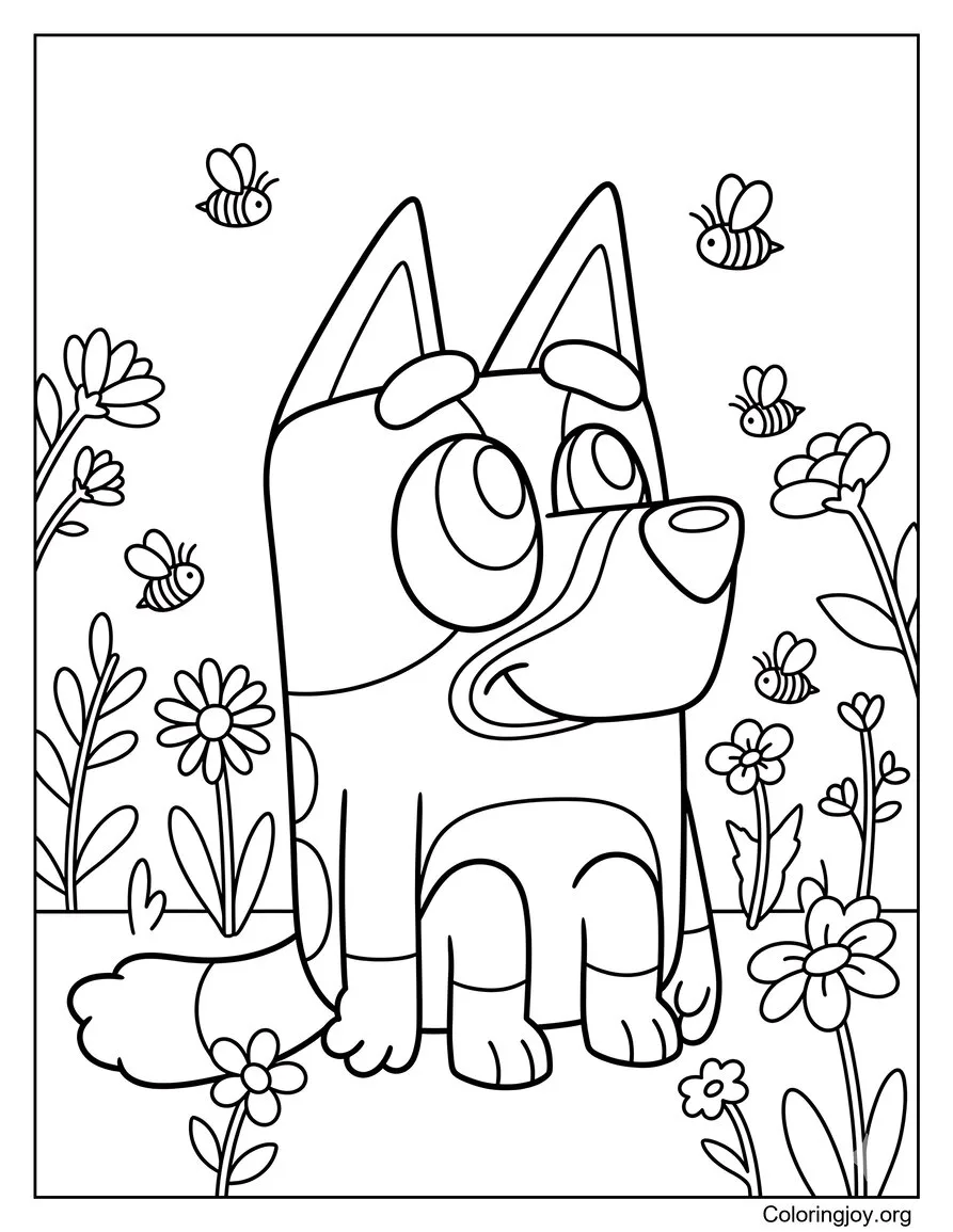 Bluey Watching Bees Around Flowers