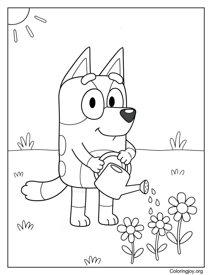 Bluey Watering Flowers With A Small Watering Can