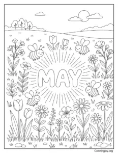 Bright Spring Meadow With Flowers And Bees Coloring Page