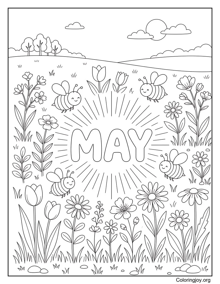Bright Spring Meadow With Flowers And Bees Coloring Page
