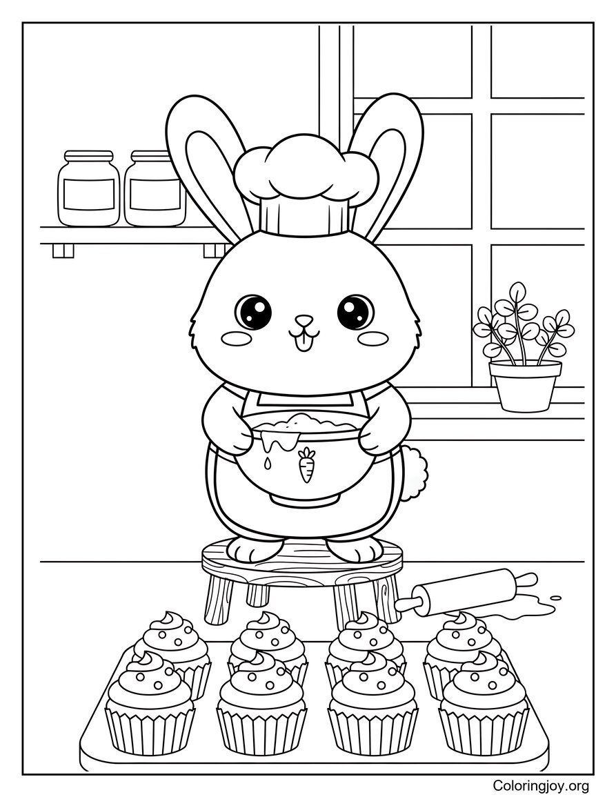 Bunny Baking Cupcakes in Kitchen