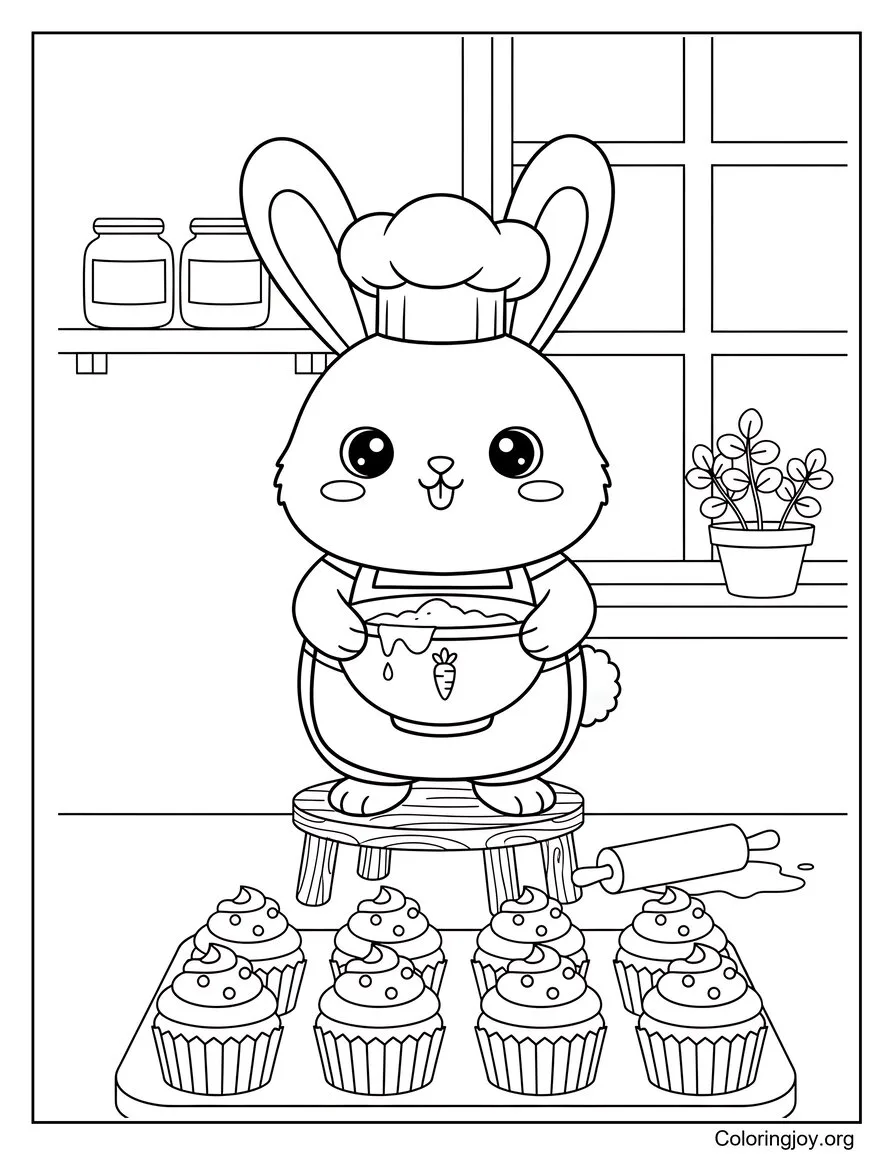 Bunny Baking Cupcakes in Kitchen