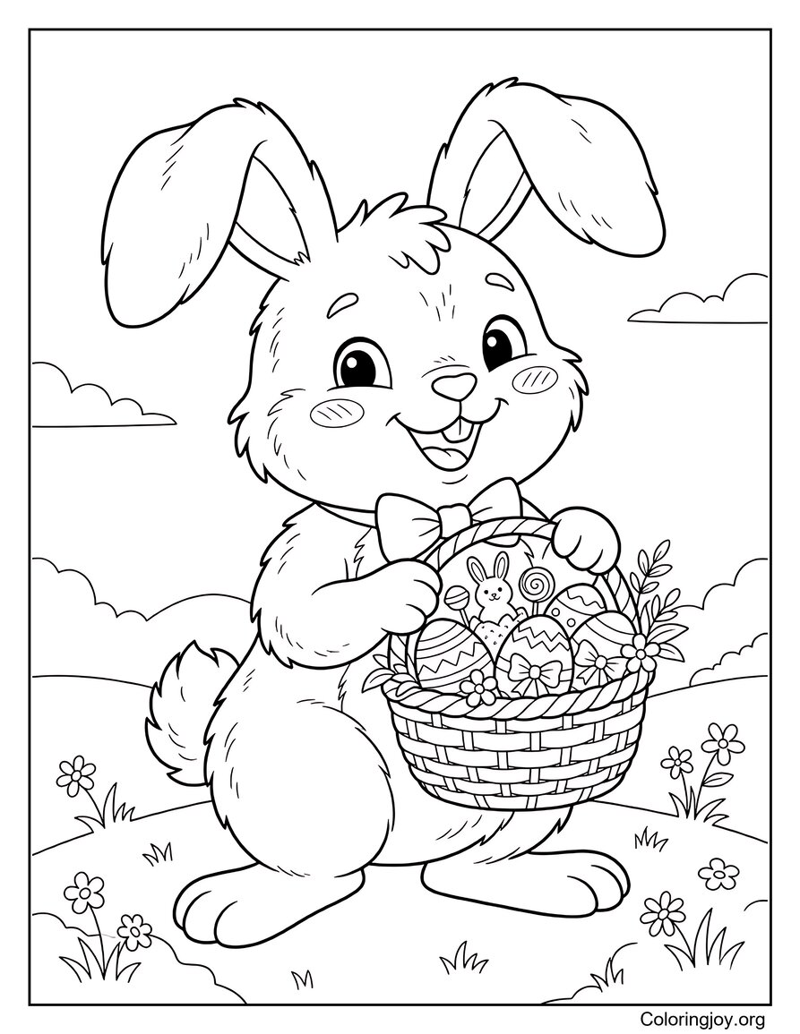 Coniglio che tiene il cestino di Pasqua