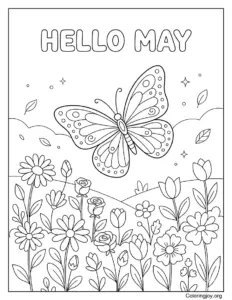 Butterfly Flying Over Fresh Blooming Flowers Coloring Sheet