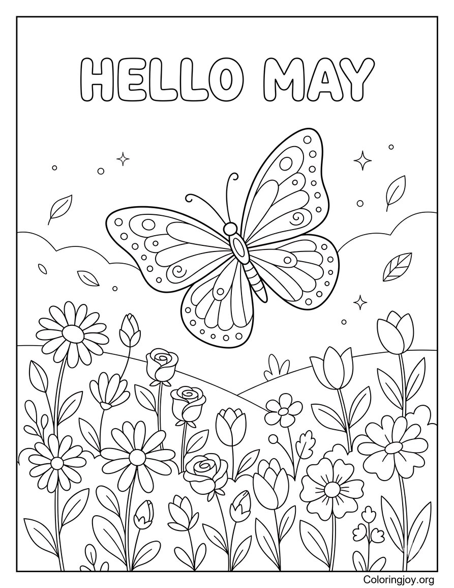 Feuille de coloriage papillon survolant des fleurs fraîches en fleurs