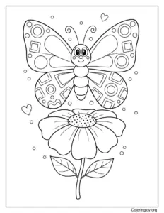 Spring Flower With Butterfly Coloring Page
