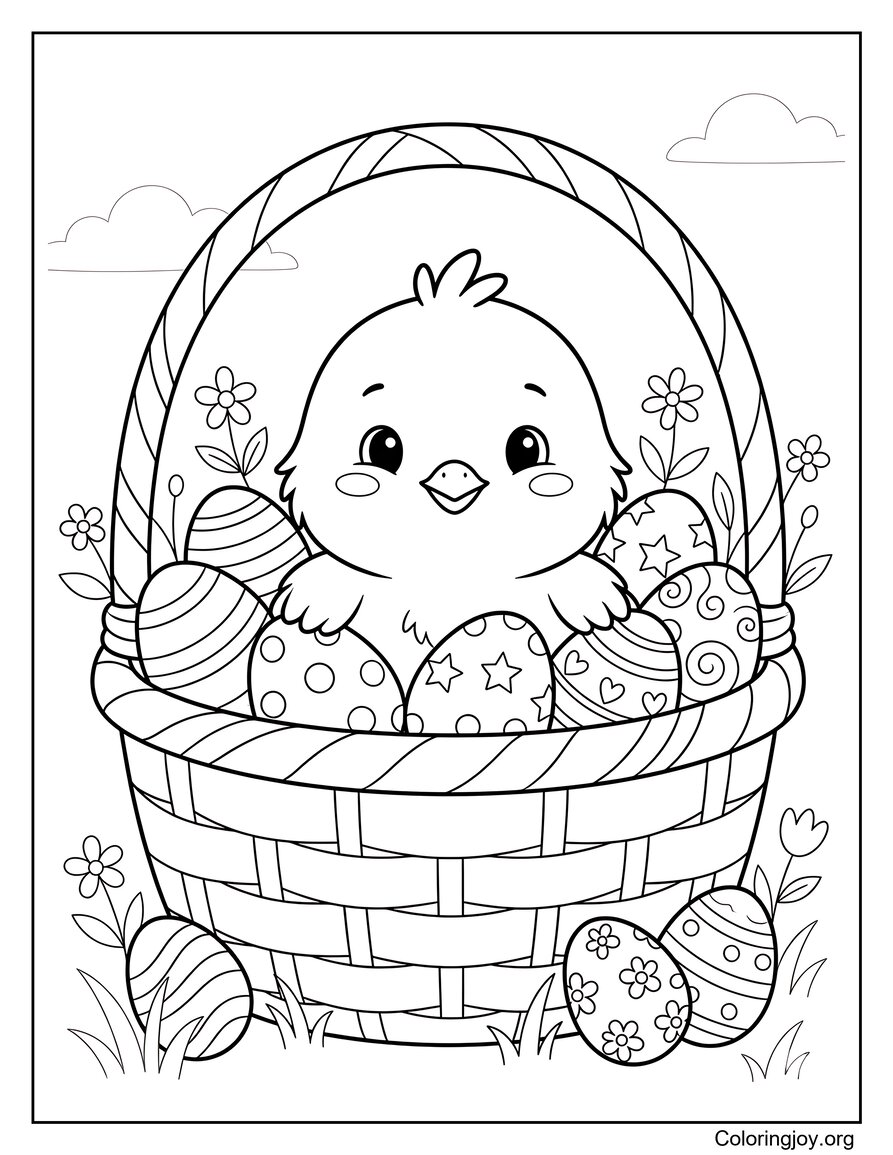 Pagina da colorare pulcino nel cestino di Pasqua