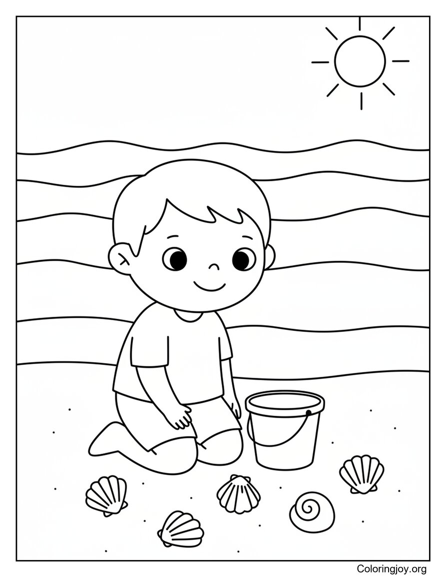 Child Collecting Seashells Along The Beach Coloring Page