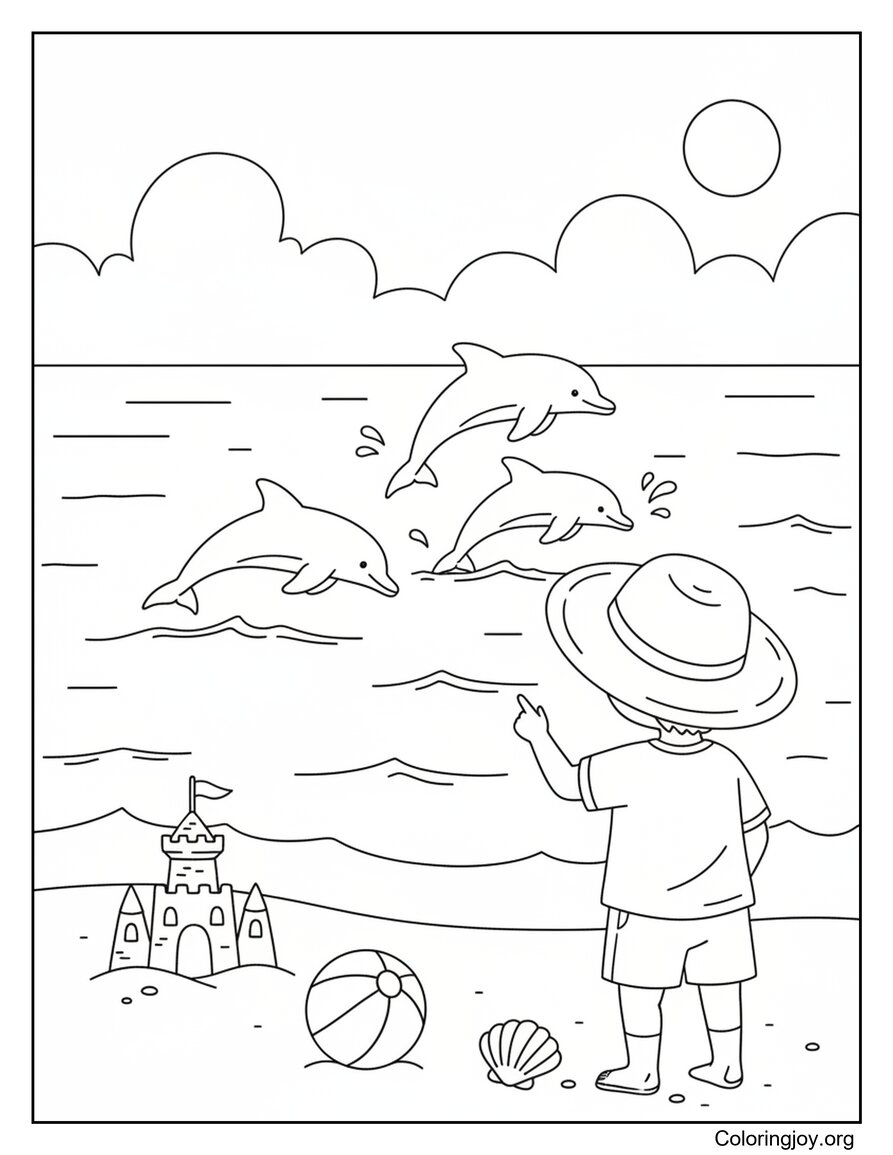 Child Watching Dolphins From The Beach Coloring Page