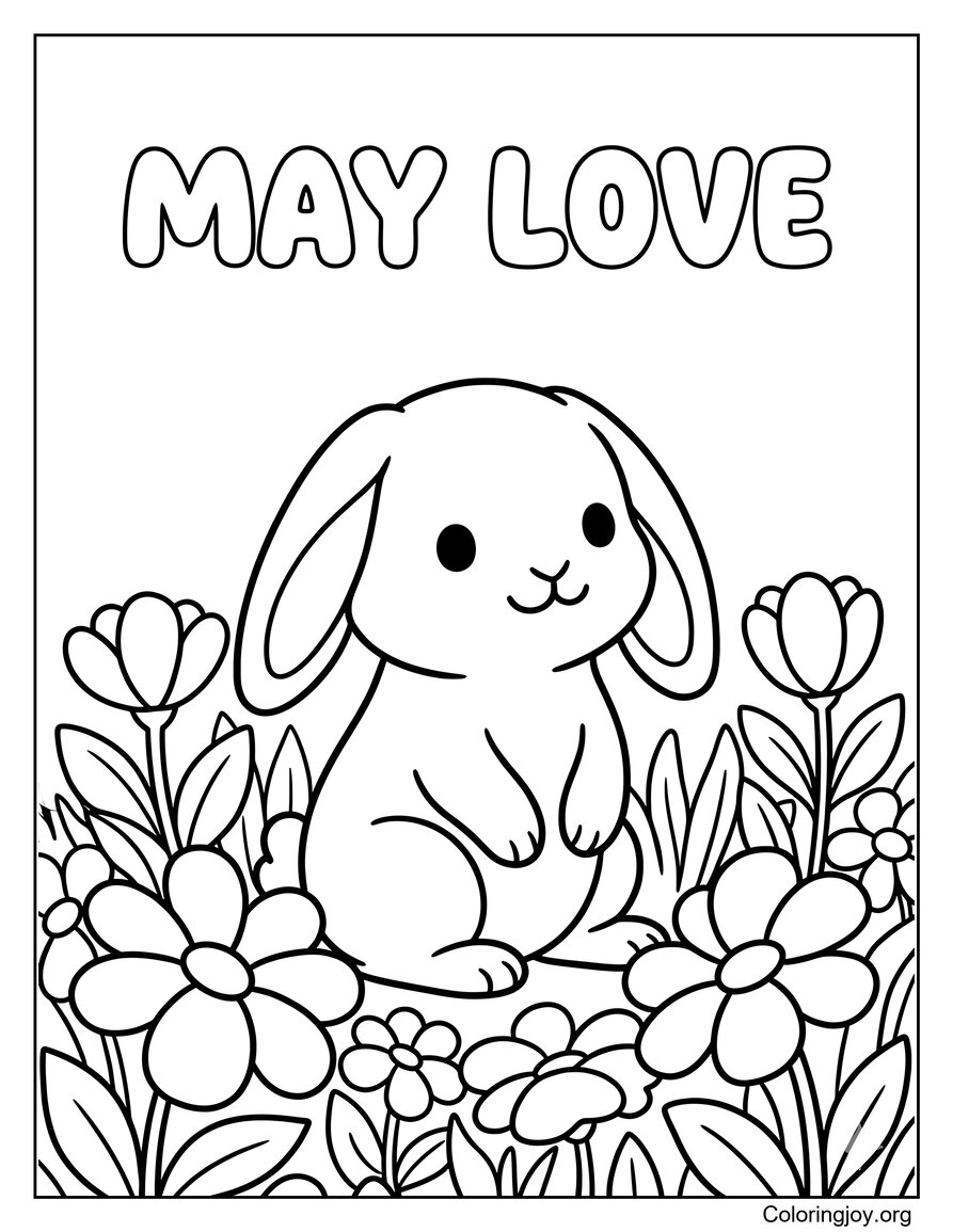 Lapin mignon assis dans une feuille de coloriage de patch de fleurs