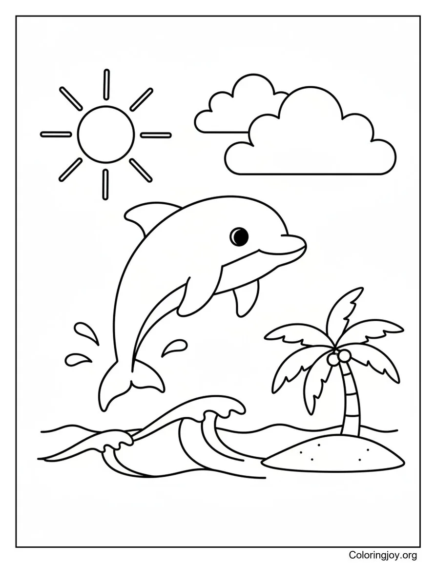 Cute Dolphin Jumping Near The Beach Shore Coloring Page