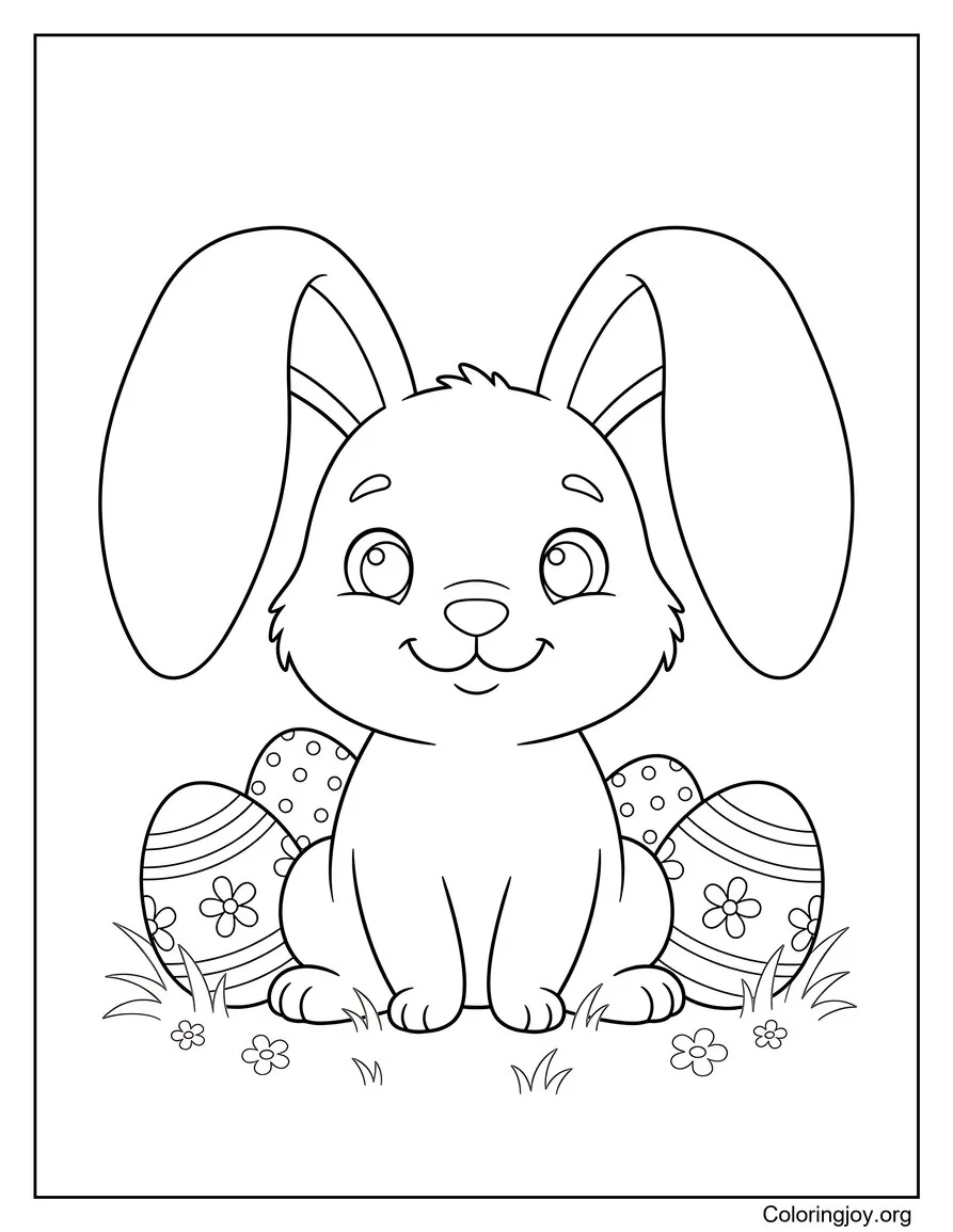 Cute Easter Bunny With Big Ears And Eggs Coloring Page