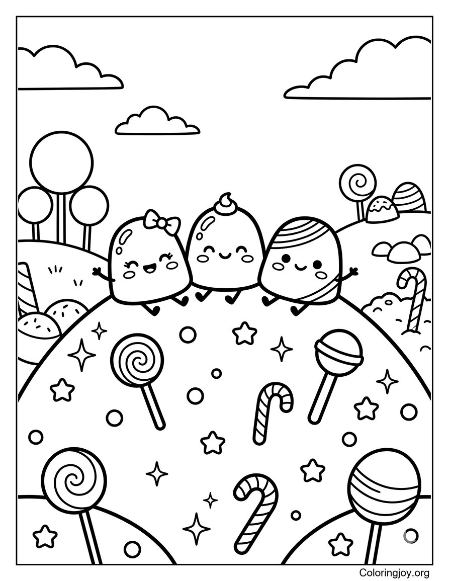 Cute Gumdrop Friends Sitting On A Candy Hill