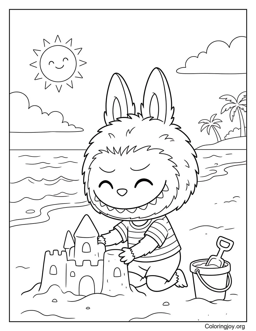 Jolie page de coloriage inspirée du château de sable Labubu sur Sunny Beach