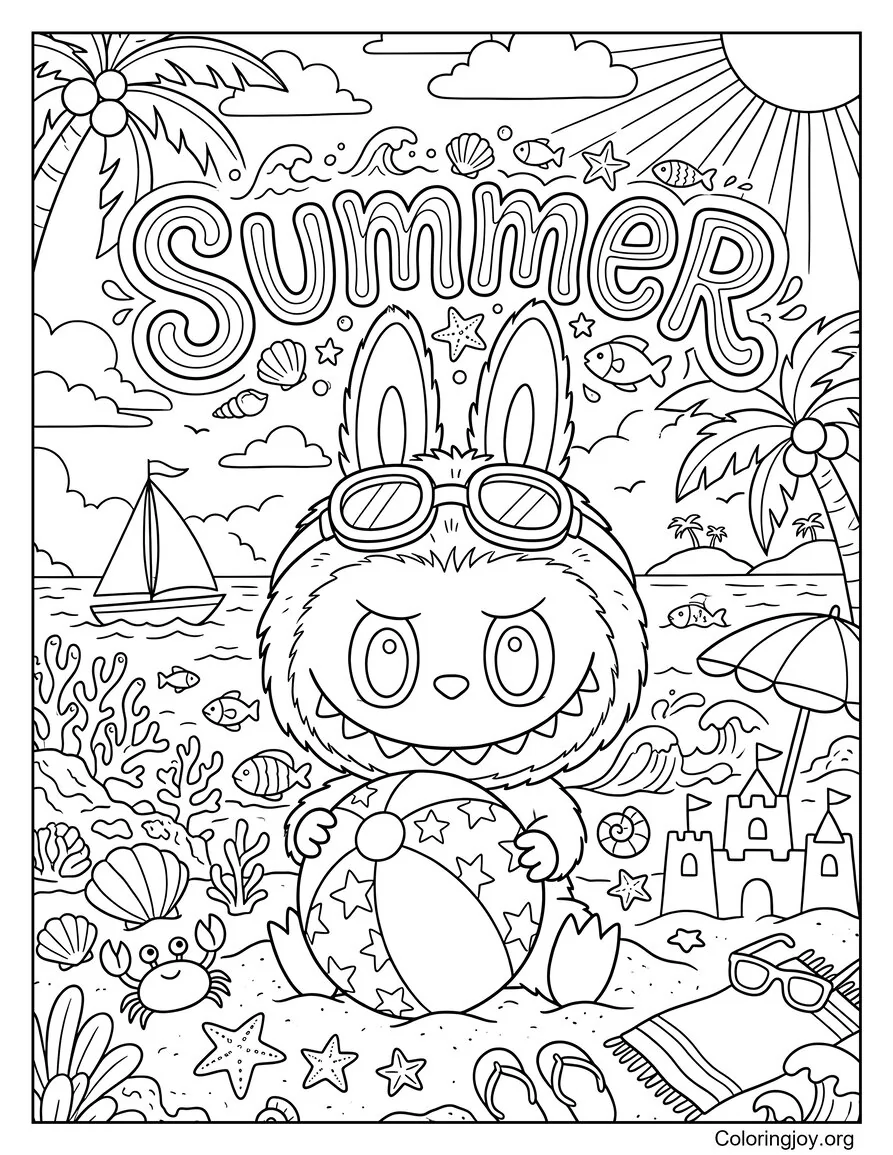 Cute Summer Labubu-Inspired Coloring Page