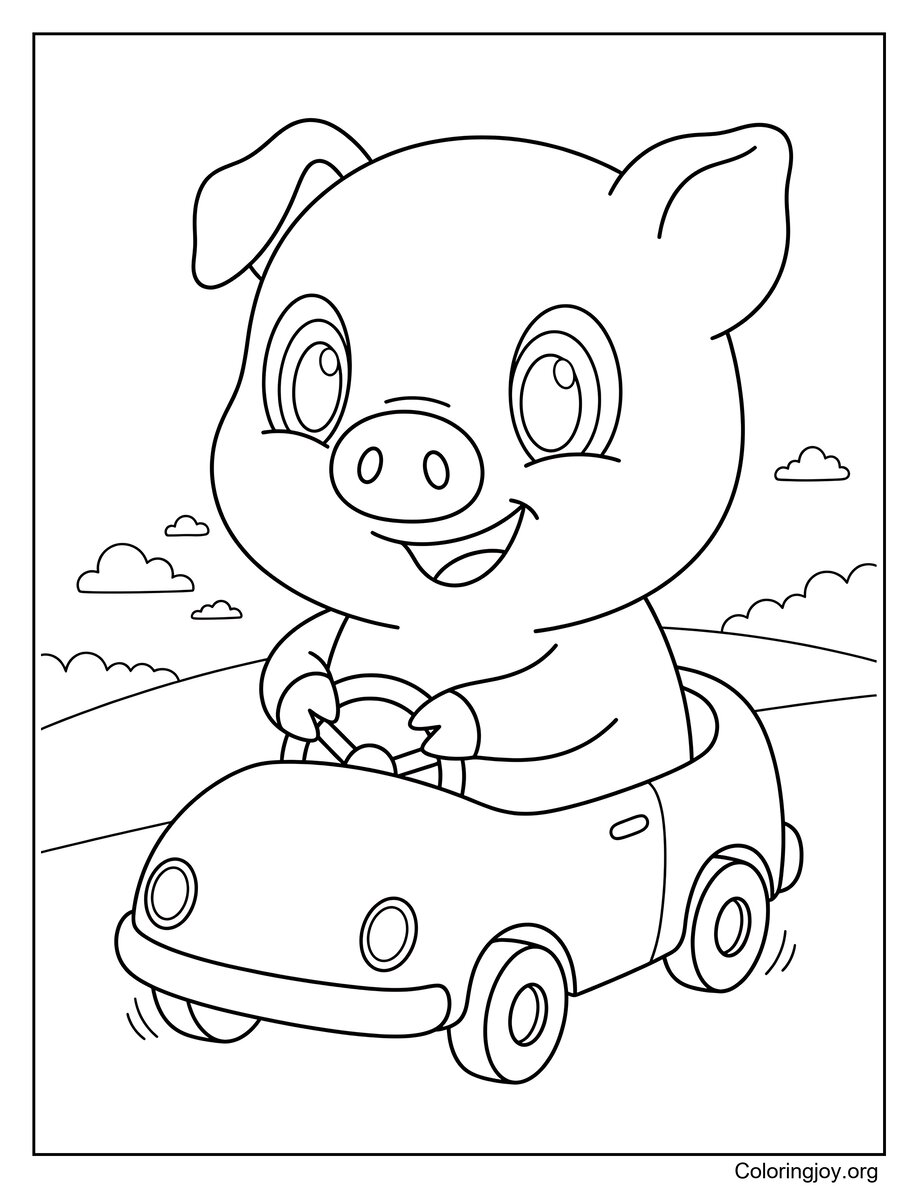Een kleine auto besturen Leuk varken afdrukbaar blad