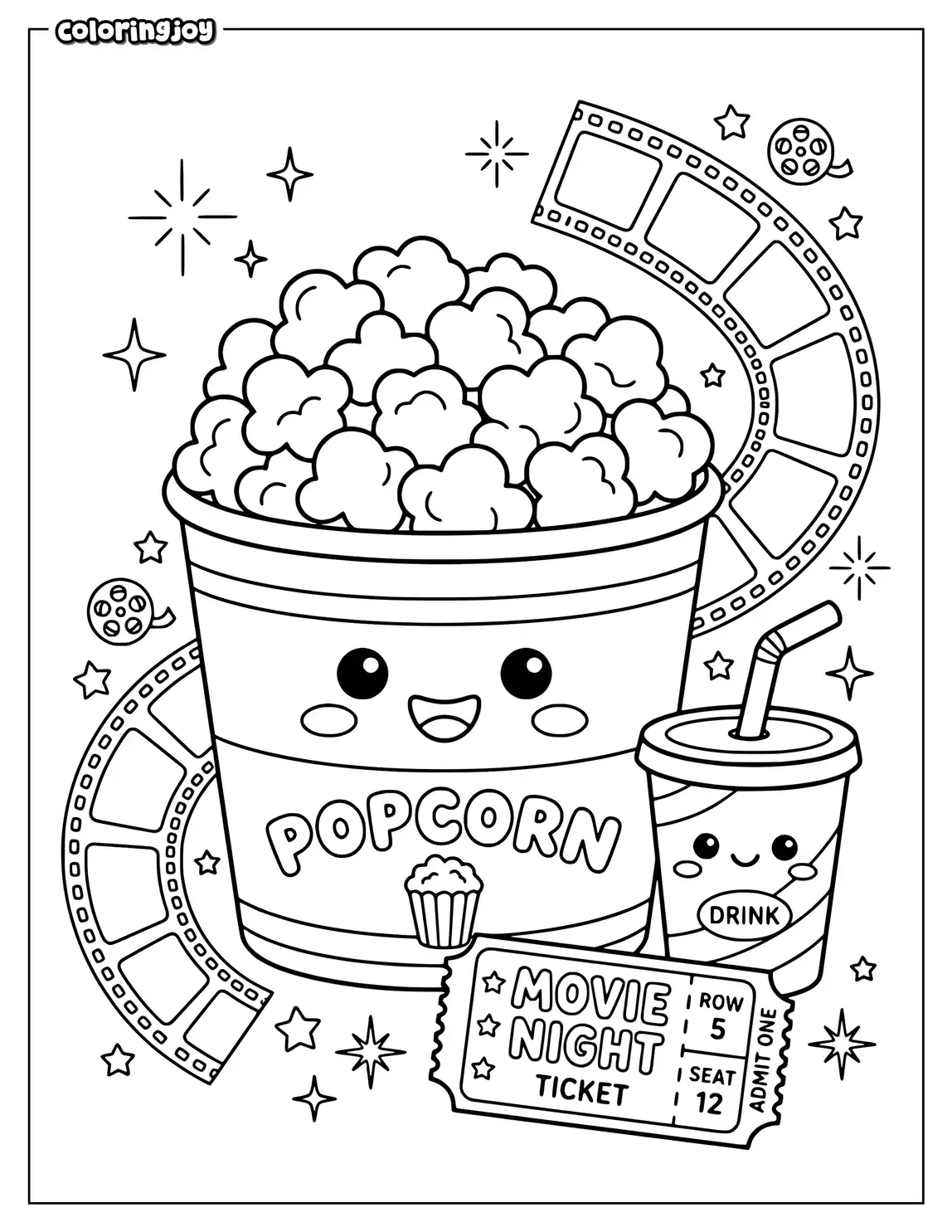 A little popcorn cart has rounded letters above it.