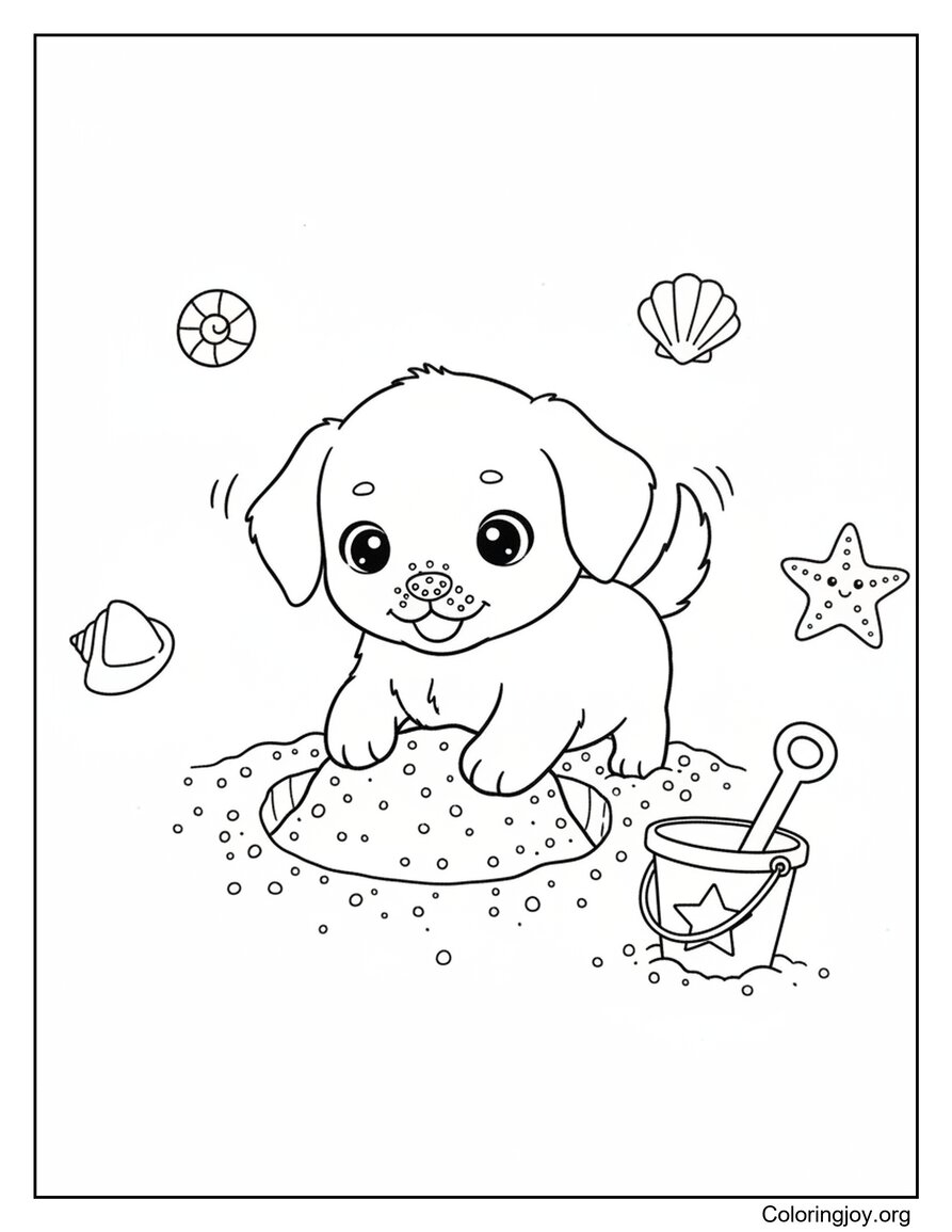 Cute Puppy Digging In The Beach Sand Coloring Page