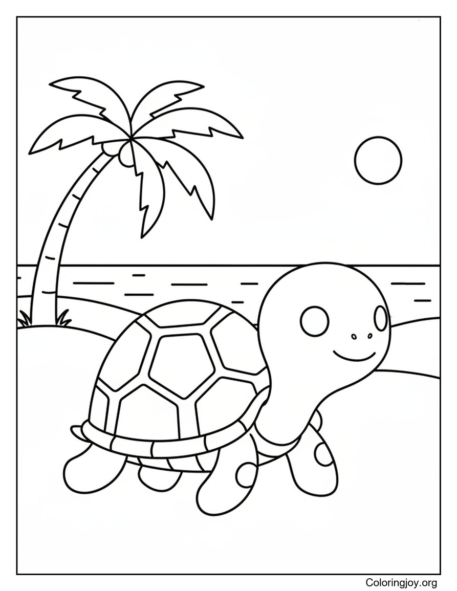 Cute Turtle Walking Across The Sandy Beach Coloring Page
