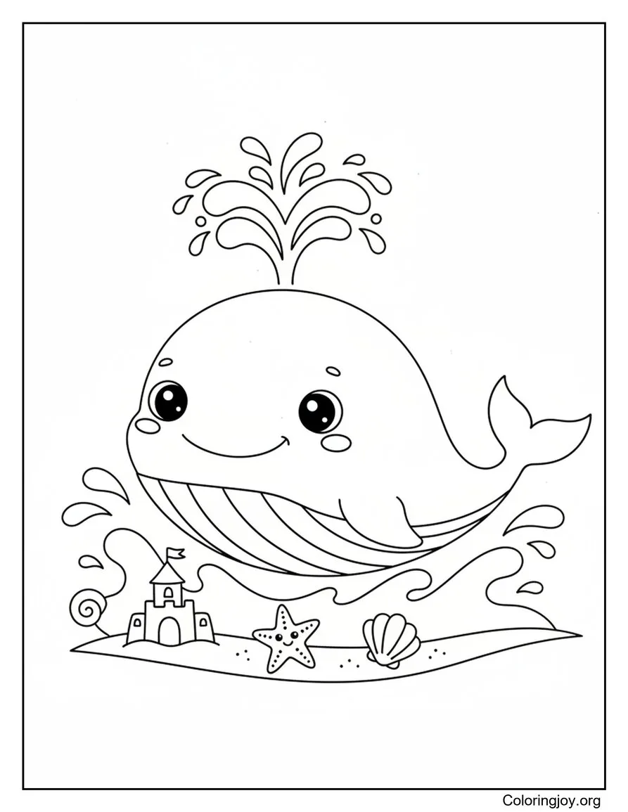 Cute Whale Splashing Near The Beach Coloring Page