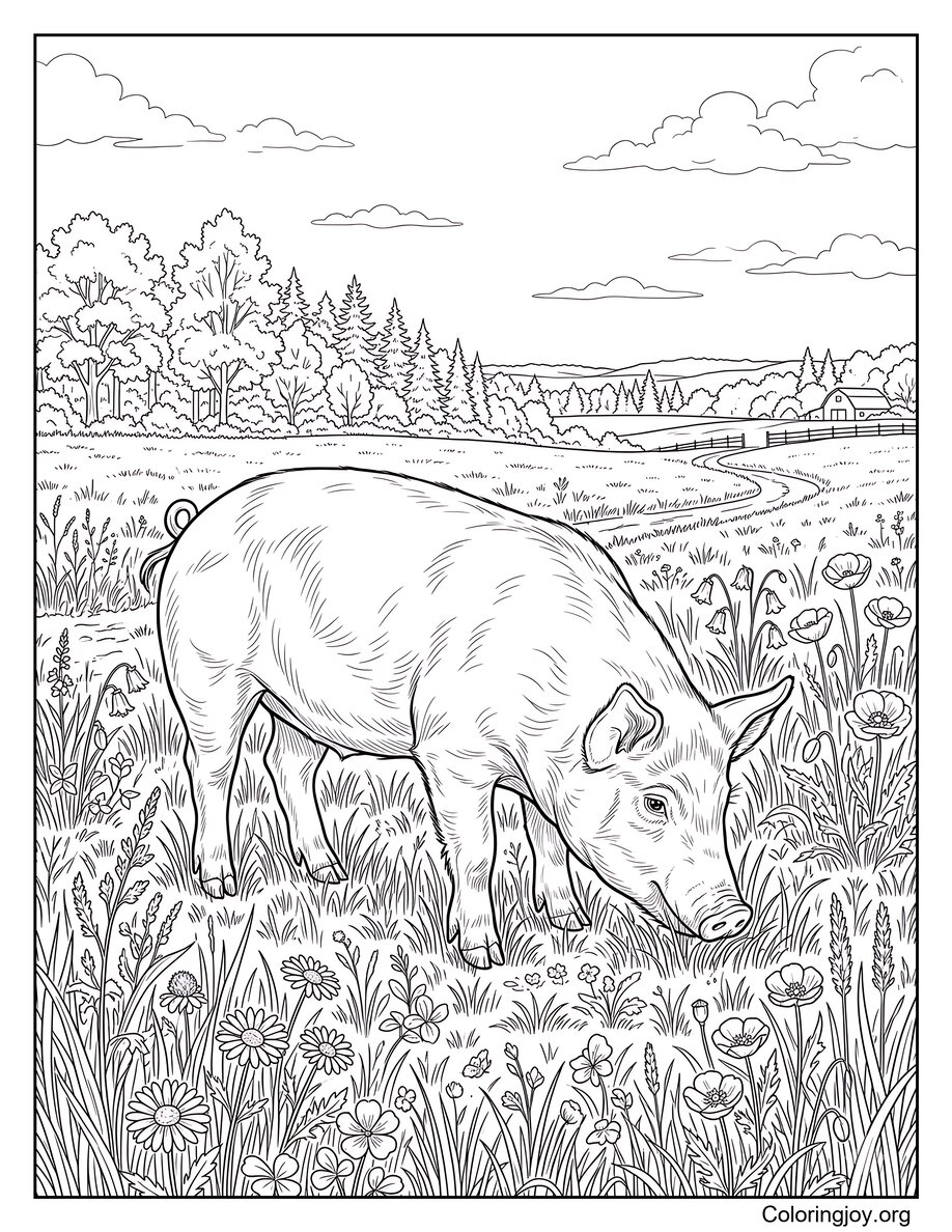 Detailed Realistic Pig Grazing In Meadow