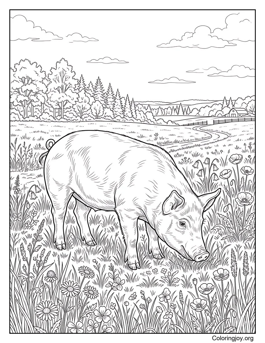 Realistic Pig in Open Field Farm Coloring Page