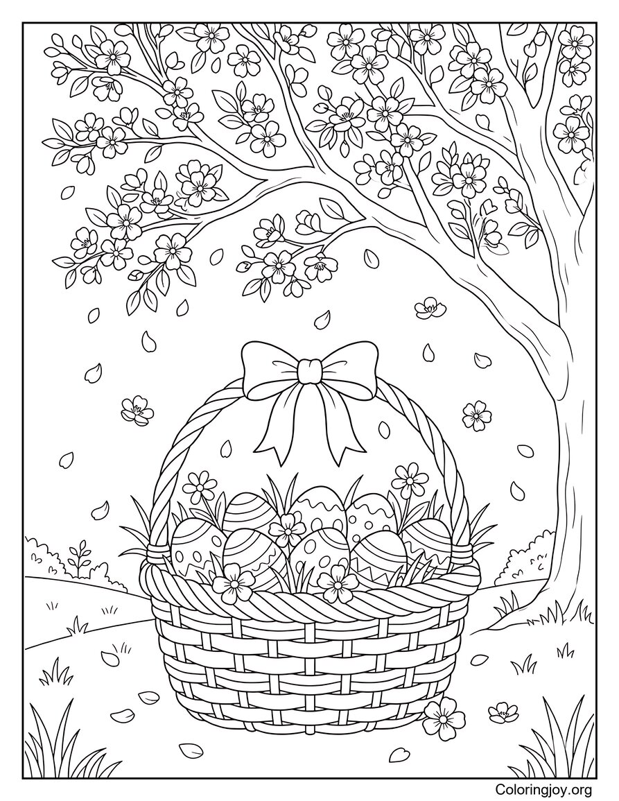 Cesto di Pasqua sotto l'albero primaverile